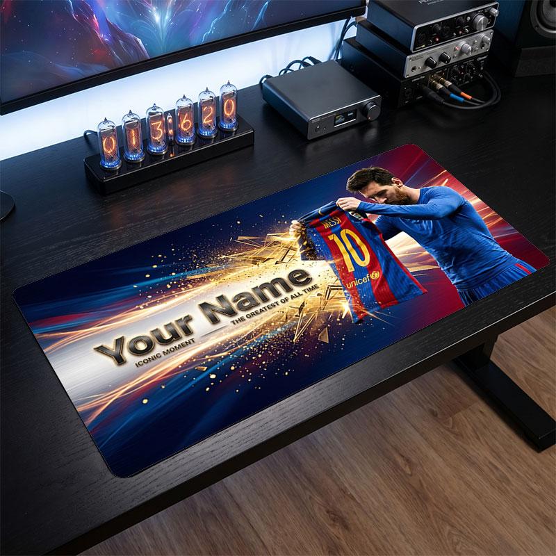 Lionel Messi Custom Large Mouse Pad, Personalized Name Text Print, Football Logo Non‑Slip Desk Mat Gaming Gift