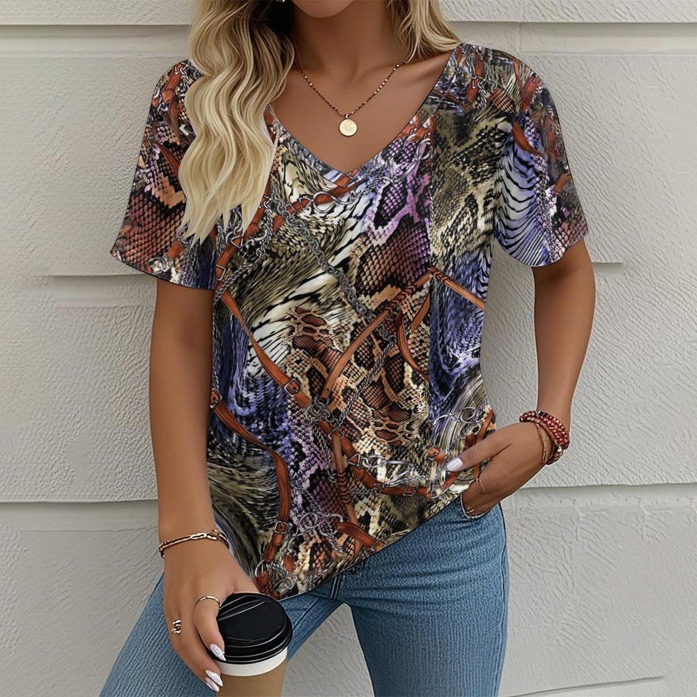 Летняя винтажная женская футболка Повседневная графическая печать Одежда больших размеров Верхняя одежда с V-образным вырезом и коротким рукавом Футболки уличной моды
