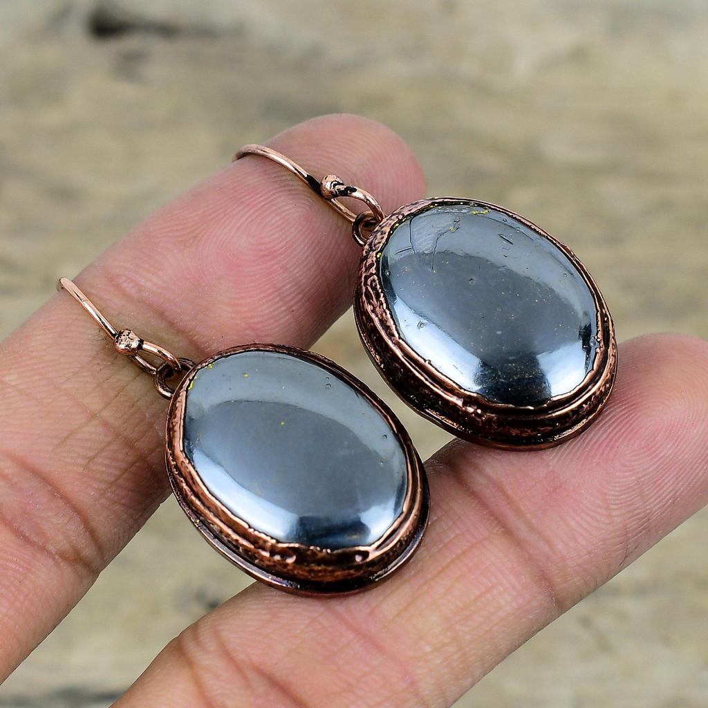 Серьги с драгоценным камнем из шунгита, медные серьги, полученные гальваническим способом, антикварные ювелирные изделия, серьги с камнем по случаю рождения, ювелирные изделия ручной работы, гальванические украшения, подарки на годовщину