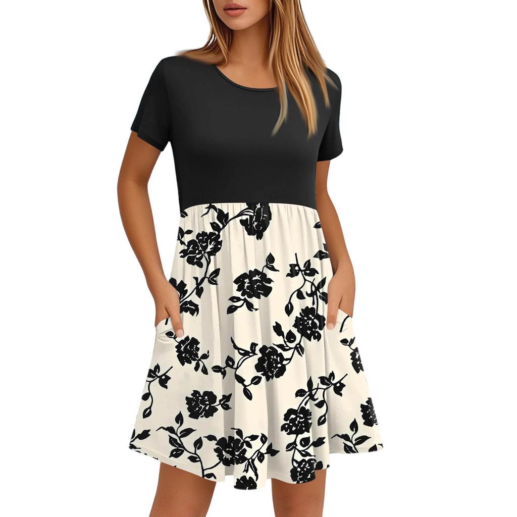 Women's Fashion Casual Loose Round Neck Short Sleeve Printed Pocket Dresses