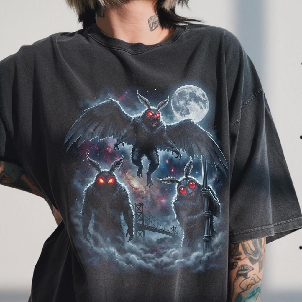 Three Mothman Moon Shirt, Vintage 90s Graphic Tee, Cryptid Urban Legend Gift Present