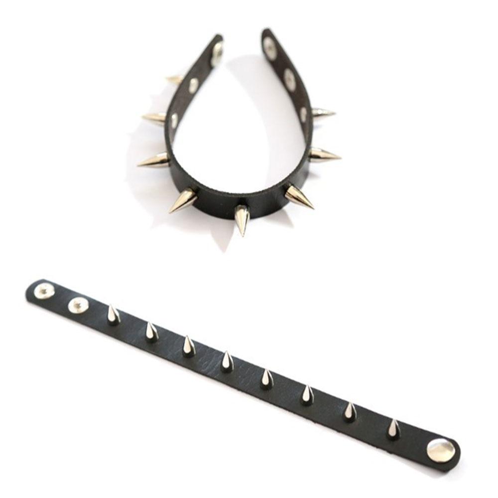 Серебряный женский браслет-манжета, металлический черный браслет с шипами, кожаный панк-манжет с заклепками