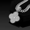 18K Gold Plated Zinc Alloy Iced Cuban Link Jewelry Set with Zircon Clover Pendant for Women's Gift & Lucky Charm Lovers