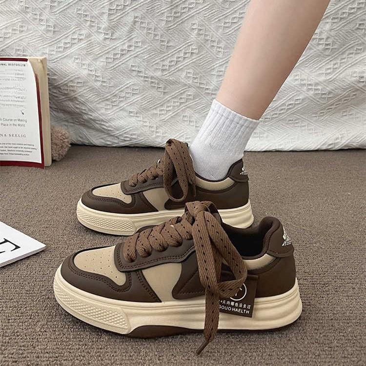 College Style Casual Board Shoes Women's Spring and Autumn New Platform Sneakers Mocha Brown and White Shoes Women's Shoes