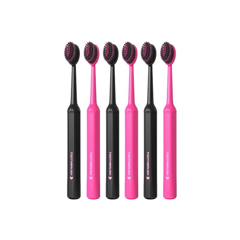 LR Black Pink Series Soft Bristle Toothbrushes [Pack of 6] - Wave-Shaped Convex Design for Adults