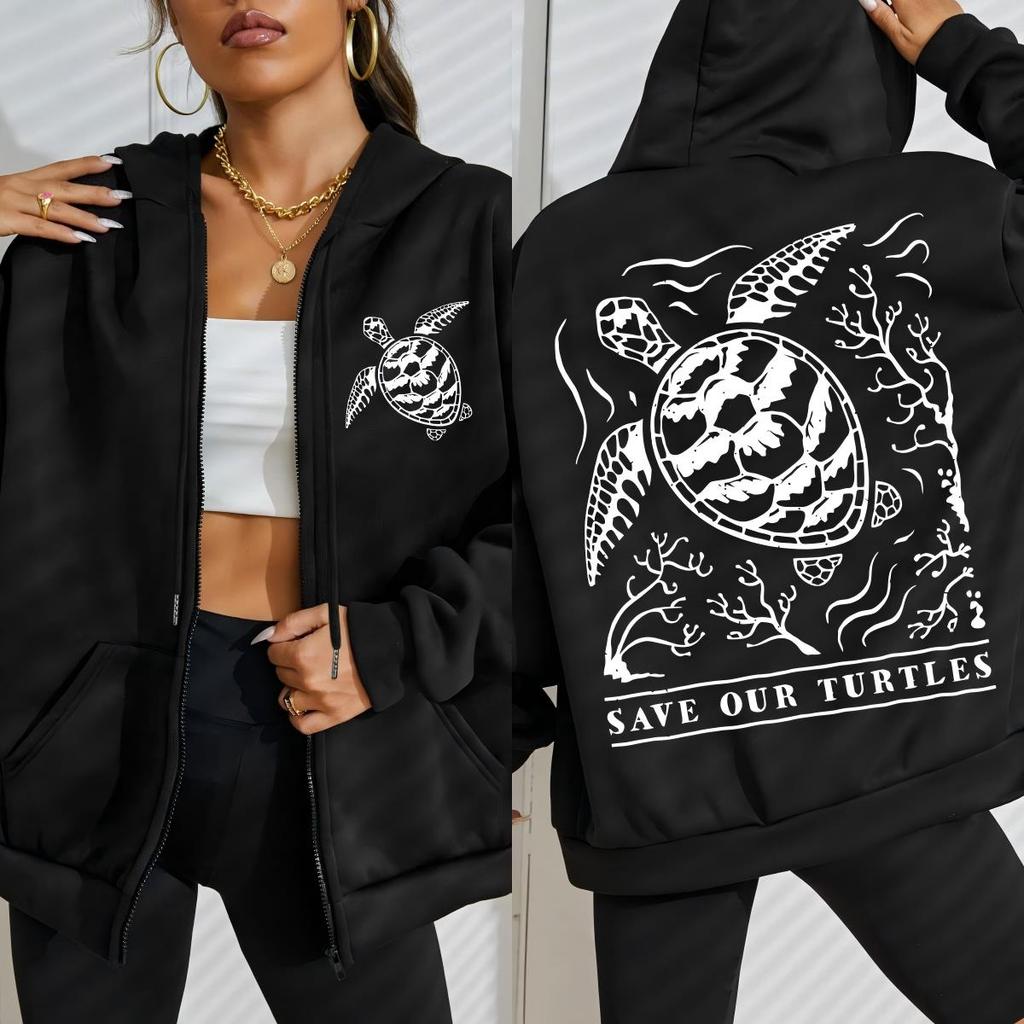 Save Our Turtles Ocean Creative Print Zipper Hoody Woman Fashion Fleece Clothings Casual Oversized Tops Hoodie