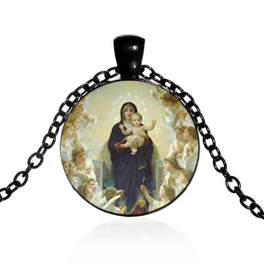 Catholic Glass Pendant, Featuring The Virgin Mary And The Infant Jesus, A Vintage Design Suitable For Both Men And Women.