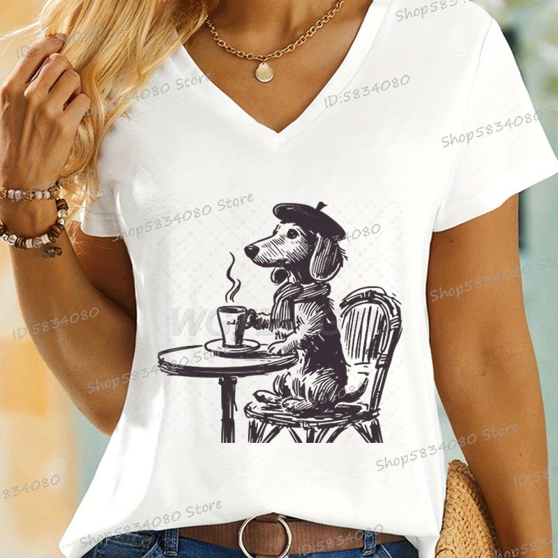 Vintage Dog TShirt for Women Coffee Dachshund Mom Short Sleeve Tee Coffee Lover Gift Fashion Dachshund Owner Funny T Shirts