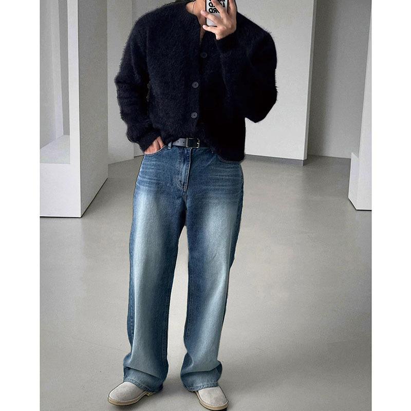 Мужской мягкий пушистый белый вязаный кардиган - Корейский стиль, Удобный и теплый, Круглый вырез, Свободный крой