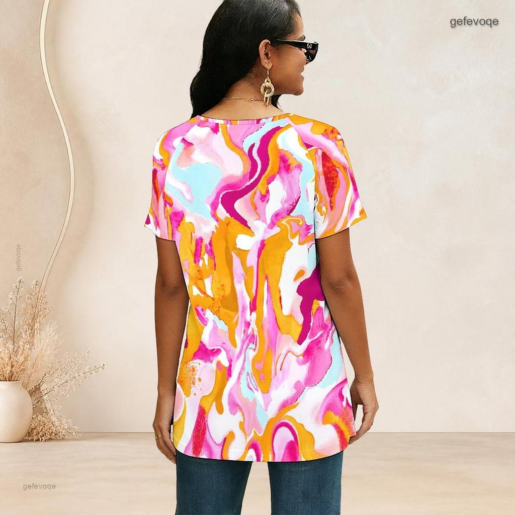 Women Abstract Geometric Print V Neck Zipper Short Sleeve Irregular Hem Loose Casual Plus Size T Shirt