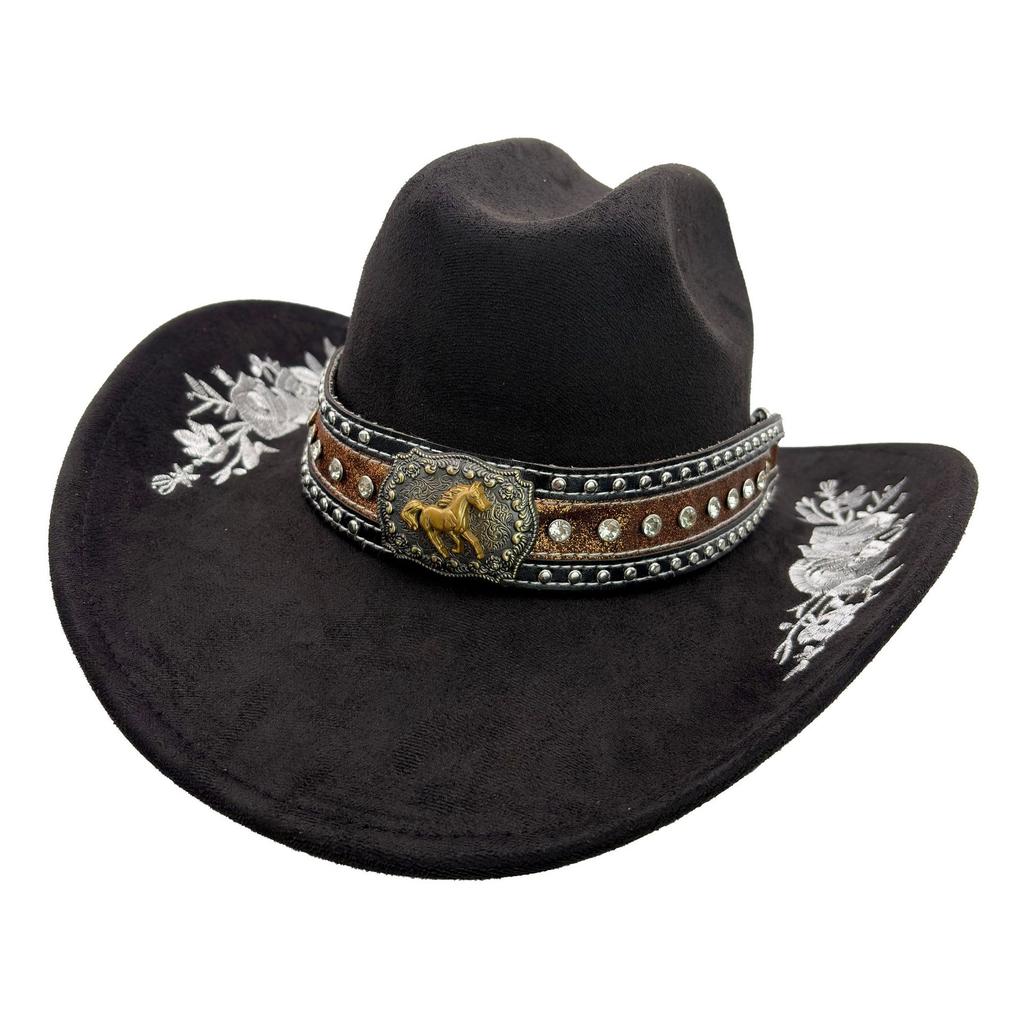 Stylish and exquisite three-dimensional embroidered suede versatile cowboy hat western style temperament elegant jazz hat