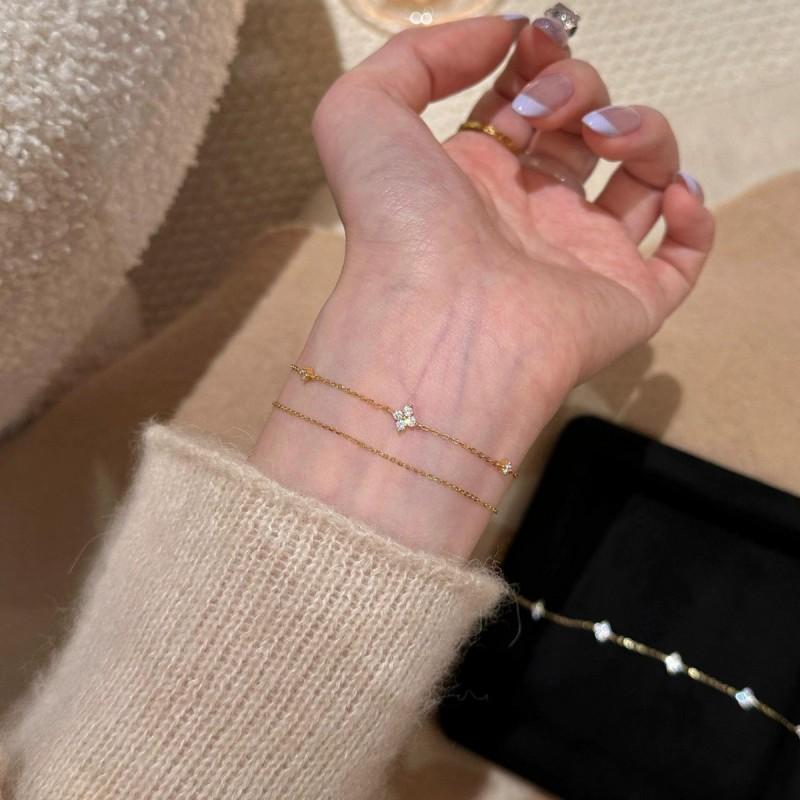 18K Gold Plated Mini Four Leaf Clover Zirconia Bracelet Women Sterling Dainty Floral Jewelry Gift