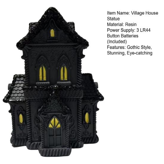 Gothic Inspired Interior Decor Lighted Halloween Village House Statue with LED Light, Unique Tabletop Piece Black Spooky Figurine for Holiday