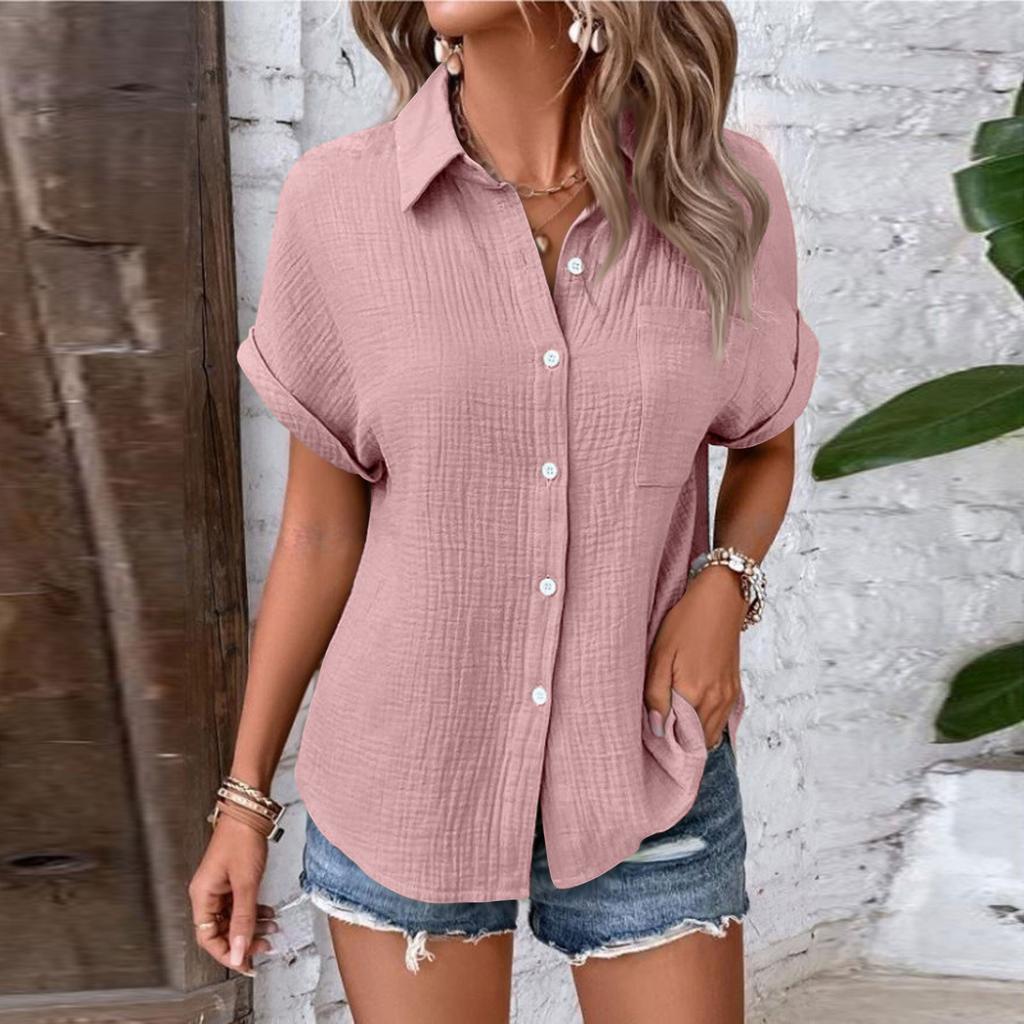 Женские рубашки на пуговицах с коротким рукавом, повседневная рубашка с воротником, свободные блузки, однотонные топы с карманом