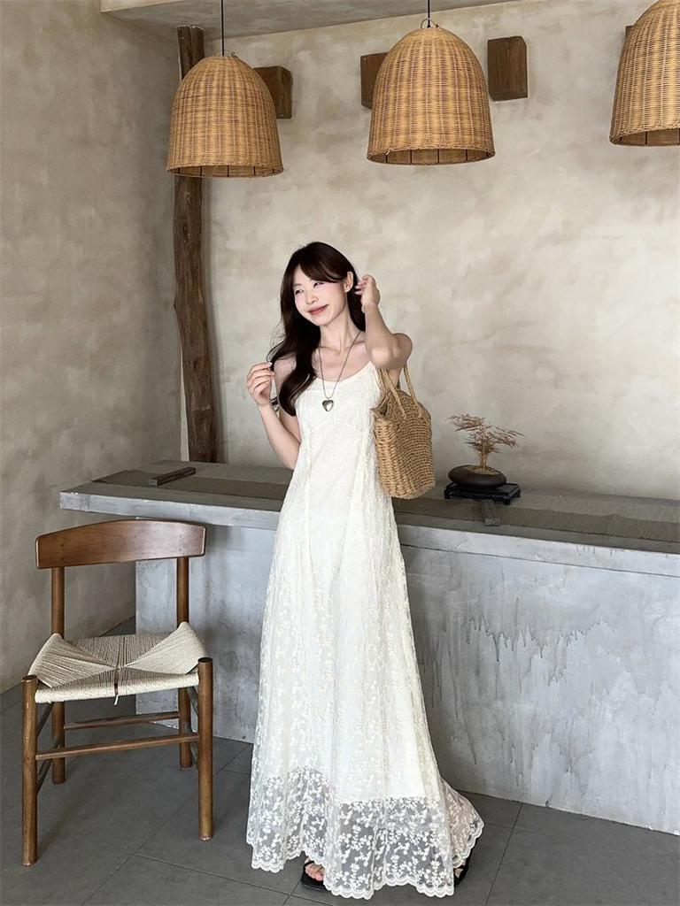 Elegant Summer Polyester Lace Slip Dress With Square Neck For Womens Vacation Wear