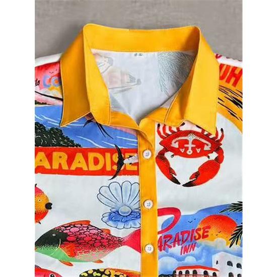 Женские комплекты в стиле отпуска, круизная одежда, морской тропический принт, рубашка, брюки, комплект из 2 предметов