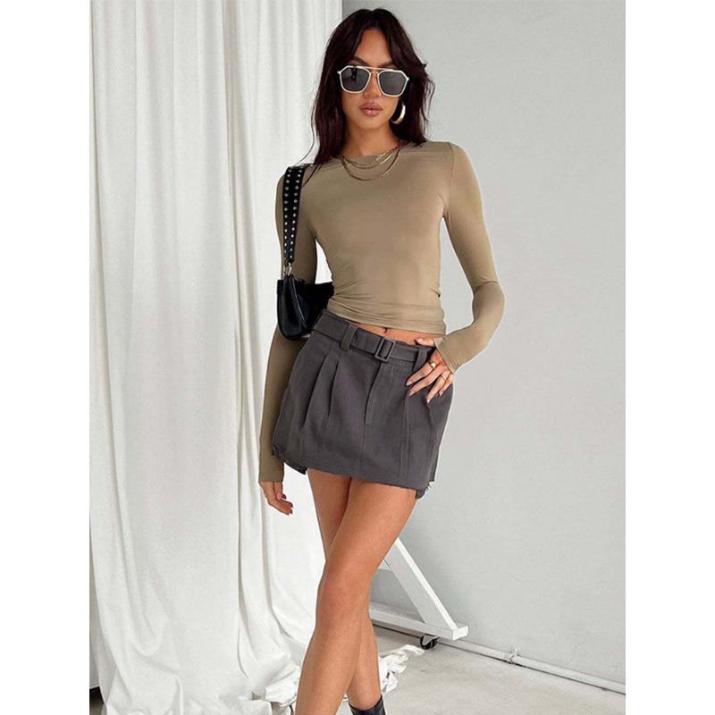 Women's Spring and Autumn Blouse Irregular Slim Bottoming Shirt Round Neck Solid Colour Long-sleeved Tops