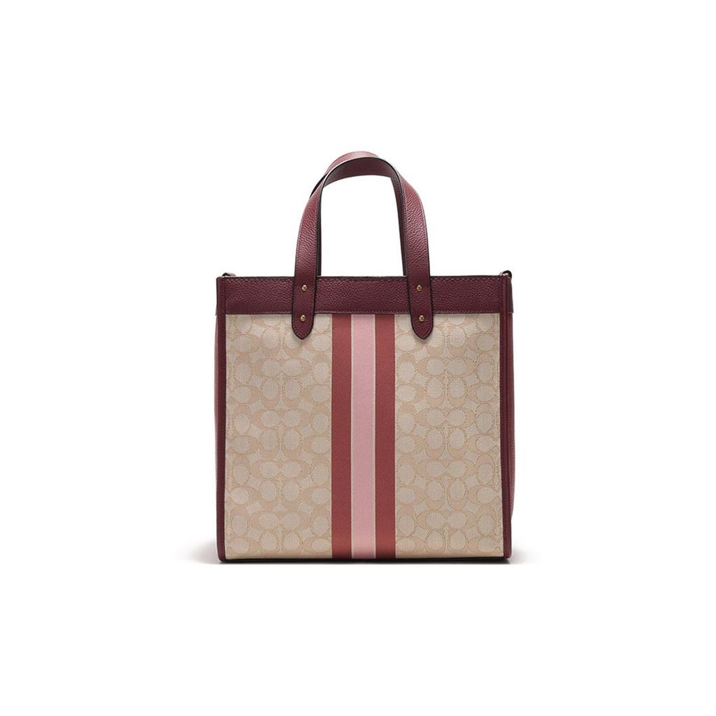 Coach Field 0 Vertical Jacquard Fabric With Leather Tote Bag Women tote Khaki Red 5868-B4RXM