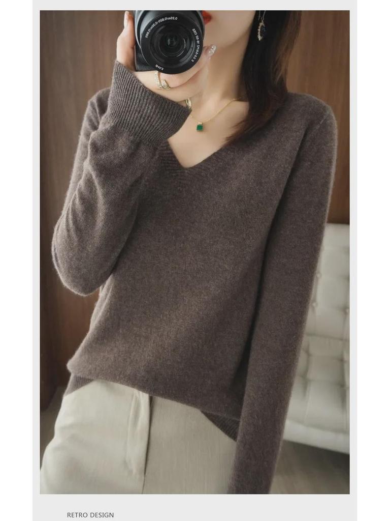 Женский свитер свободной вязки с V-образным вырезом 2024 года — длинный рукав, большой размер