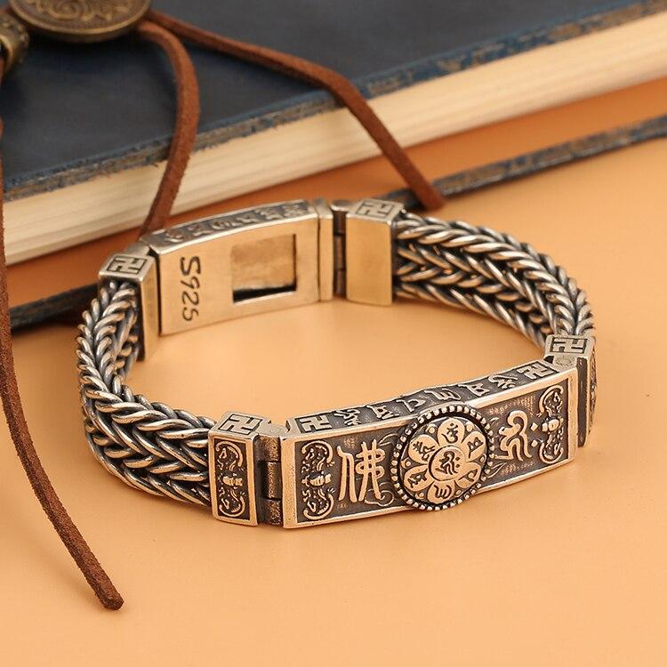 New Silver Bracelet Men's Buddhism Seven-Star Turntable Six-Character Mantra Hand-Woven Chain Ethnic Style Gifts for Women