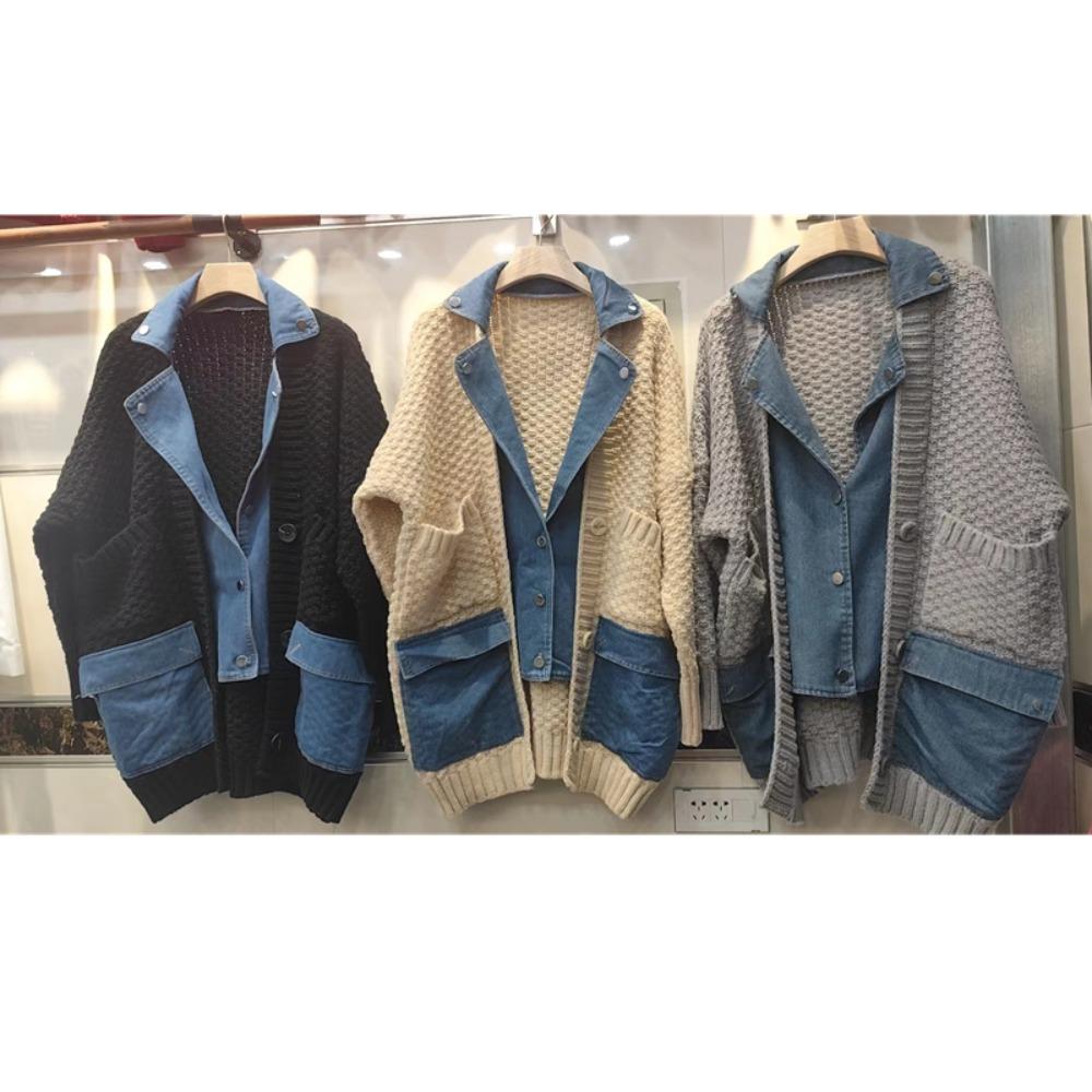 Модный повседневный джинсовый сплайсированный длинный рукав вязаный кардиган свободный толстый женский свитер пальто зима осень новый