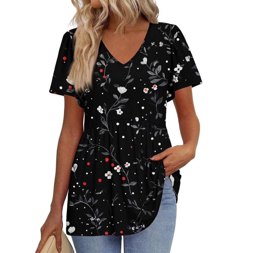 Women's Loose Casual Print V-Neck Short Sleeved T-Shirt Top Short Sleeved T-Shirt Top