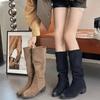 Модные женские сапоги со сборками, темпераментные, на среднем каблуке, женская обувь, модные осенние однотонные сапоги до колена, женские высокие сапоги-ботфорты