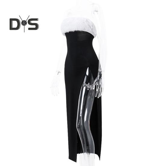 Женское вечернее платье с открытыми плечами, без рукавов, без спинки, без воротника, бандо, пушистый искусственный мех, декор, разрез сбоку, коктейльное вечернее платье-макси, выпускной, топ-платье