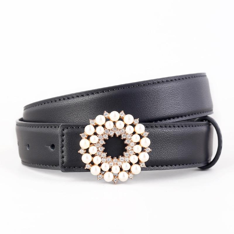 Womens Pearl Embellished Leather Belt With Alloy Buckle For Casual Dress And Jeans Accessories