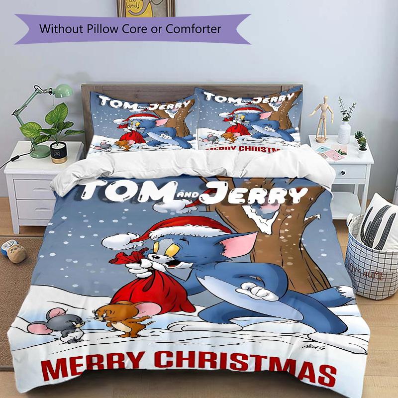 3pcs Merry Christmas Adventure Tom and Jerry Printed Duvet Cover Set (1 * Cover+2 * Pillowcase, Without Core), Suitable for Home Bedroom, Guest R
