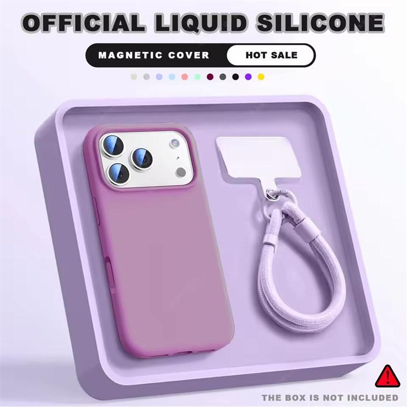 Чехол-бампер с ремешком на запястье и магнитом для iPhone 16E 14 15 Plus 12 13 16 17 Pro Max Air Magsafe Жидкий силикон Чехол-ремешок