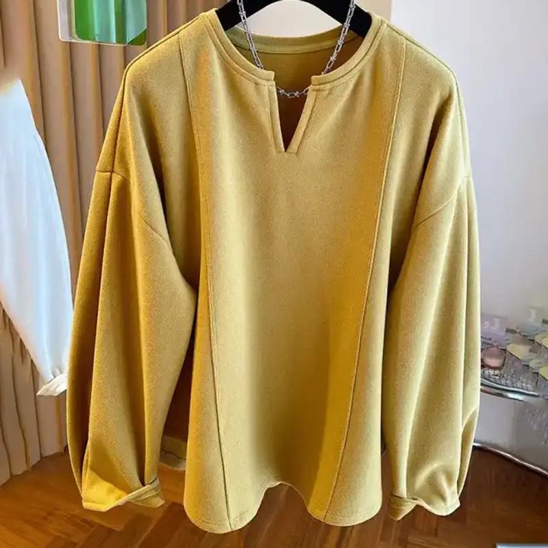 Толстовка для женщин Оверсайз V-образный вырез Утепленная Свободная Повседневная Пуловер Длинный рукав Зимняя Толстовка Топ