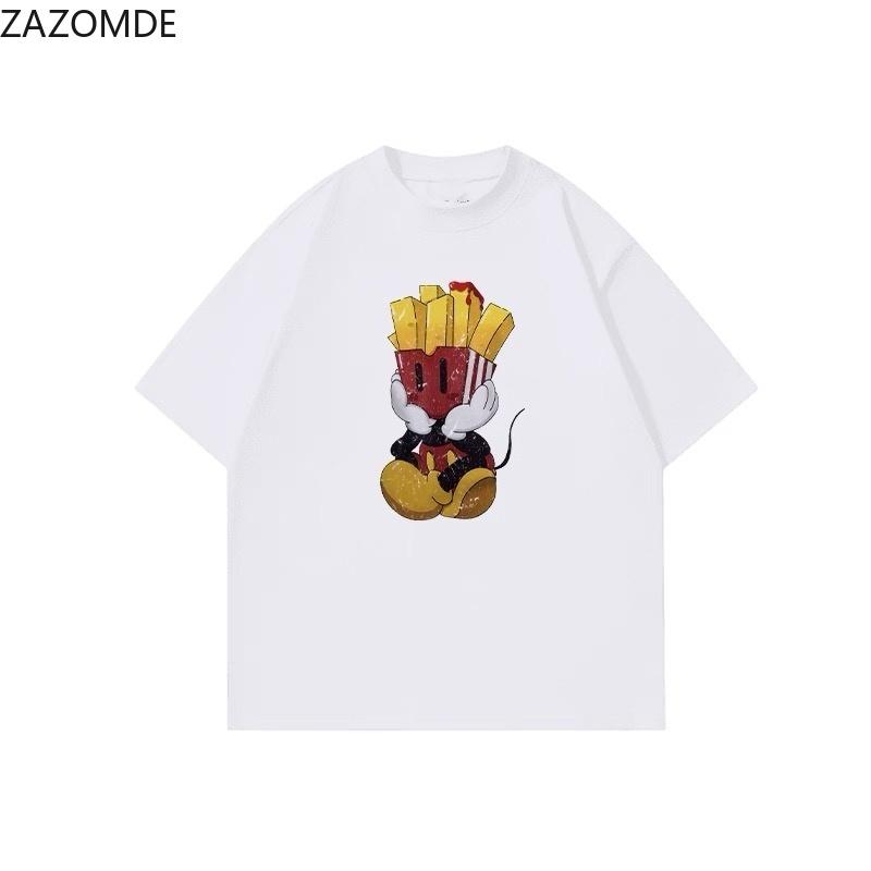 ZAZOMDE Trendy Front Graphic Tshirt Retro Cartoon Fast Food Fries Character Print O Neck Oversized Unisex Casual Street Tops