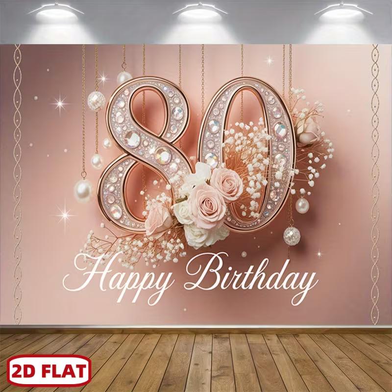 2D 80th Birthday Photography Backdrop, Pink Floral & Diamond Background
