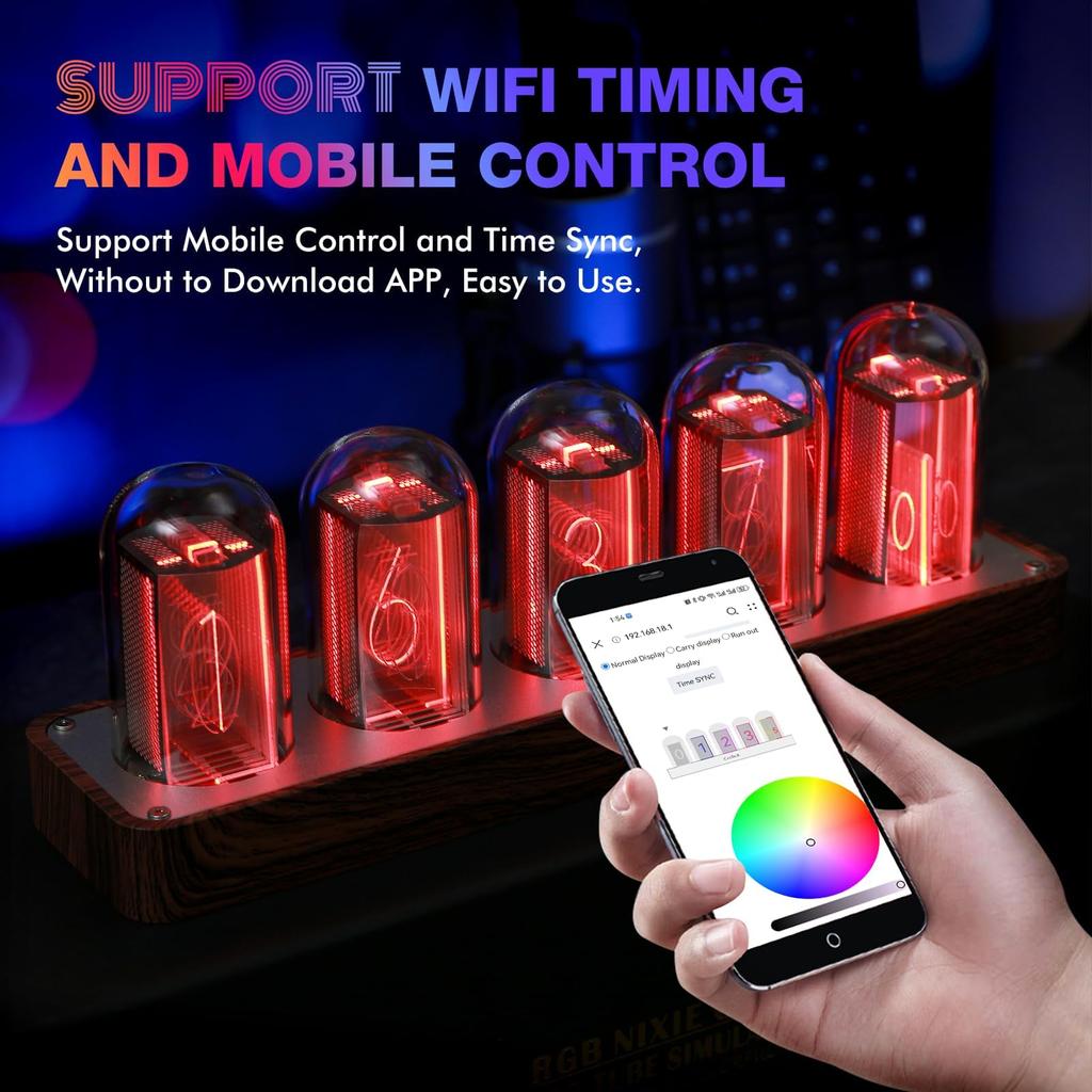 ClocTeck Nixie Tube Clock Sync 16 Million Colors Retro Modern Wooden Digital Clock Wi-Fi & Customizable,
