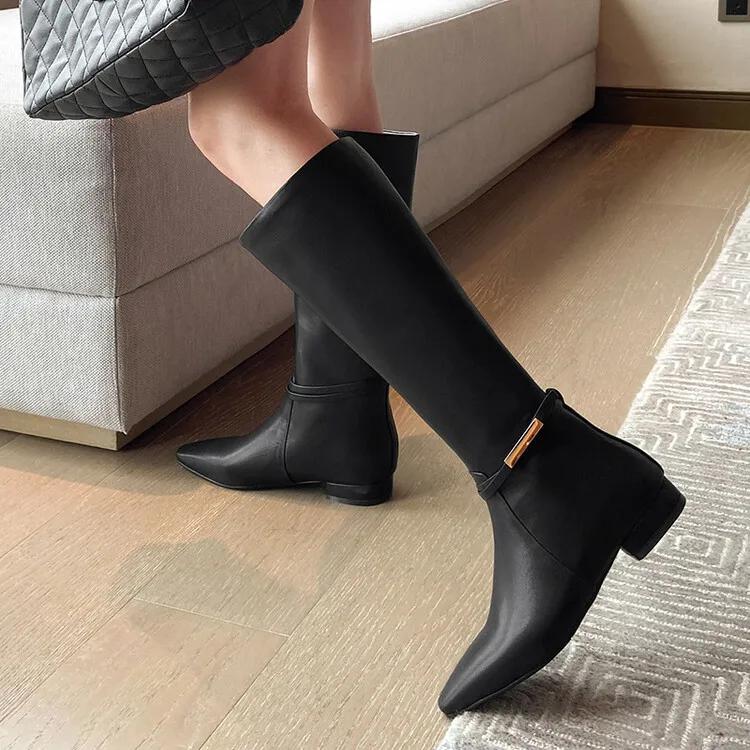 Fashion New Solid Color Cowhide 2.5cm Low Heel Knee High Boots Autumn Winter Fashion Warm Plush Red Black Spicy Girl Women Boots 34-43