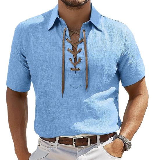 Мужская футболка со шнуровкой и V-образным вырезом, с коротким рукавом и лацканами, однотонная летняя повседневная футболка для повседневной носки, работы и улицы