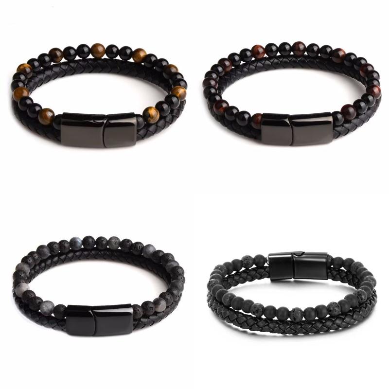 Мужской браслет из вулканического камня в два ряда с застежкой из сплава и кожи, 21 см
