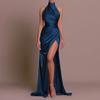 Women Ball Gown Stand Collar Halter Neck Off Shoulder Sleeveless Satin Evening Dress Slim Fit Pleated Solid Color High Slit Floor Length Maxi Dress