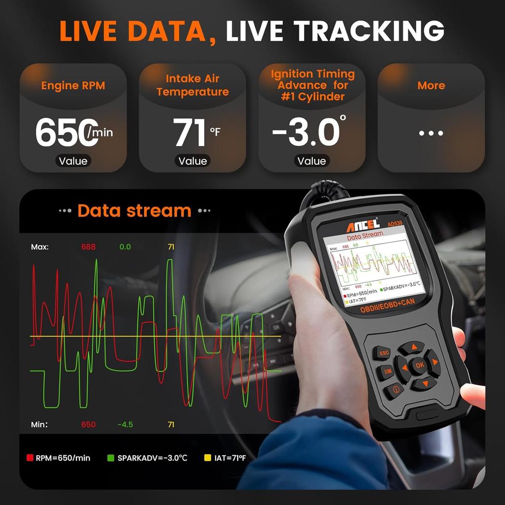 ANCEL AD530 OBD2 Scanner Diagnostic Tool, Universal Check Engine Code Reader With Live Data, Car Diagnostic Tool With Upgraded Battery Tester & All