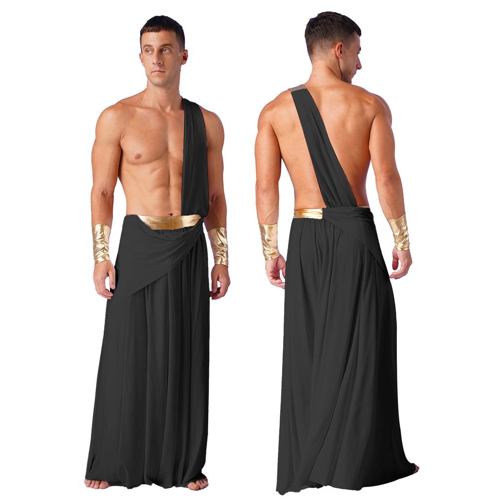 Mens Ancient Greek Cosplay Costume Long Skirt Wristbands One Shoulder Strap Roman Toga Halloween Warrior Gown