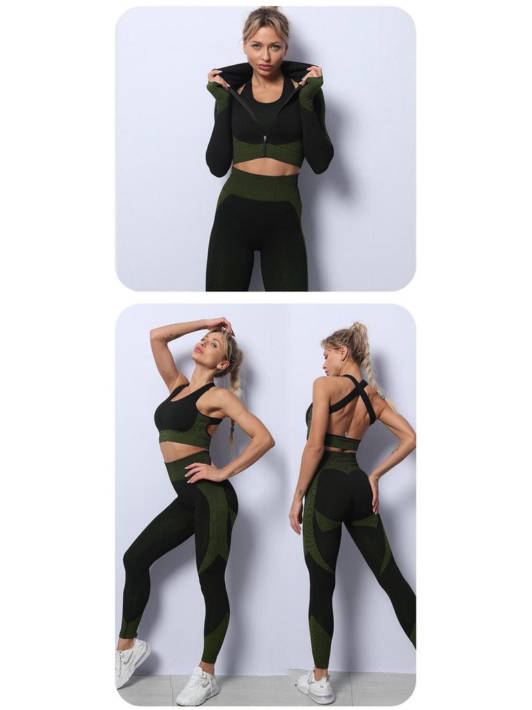 Бесшовный набор для йоги: Ударопрочный спортивный бюстгальтер, топ на молнии, быстросохнущие брюки с высокой талией, приподнимающие бедра