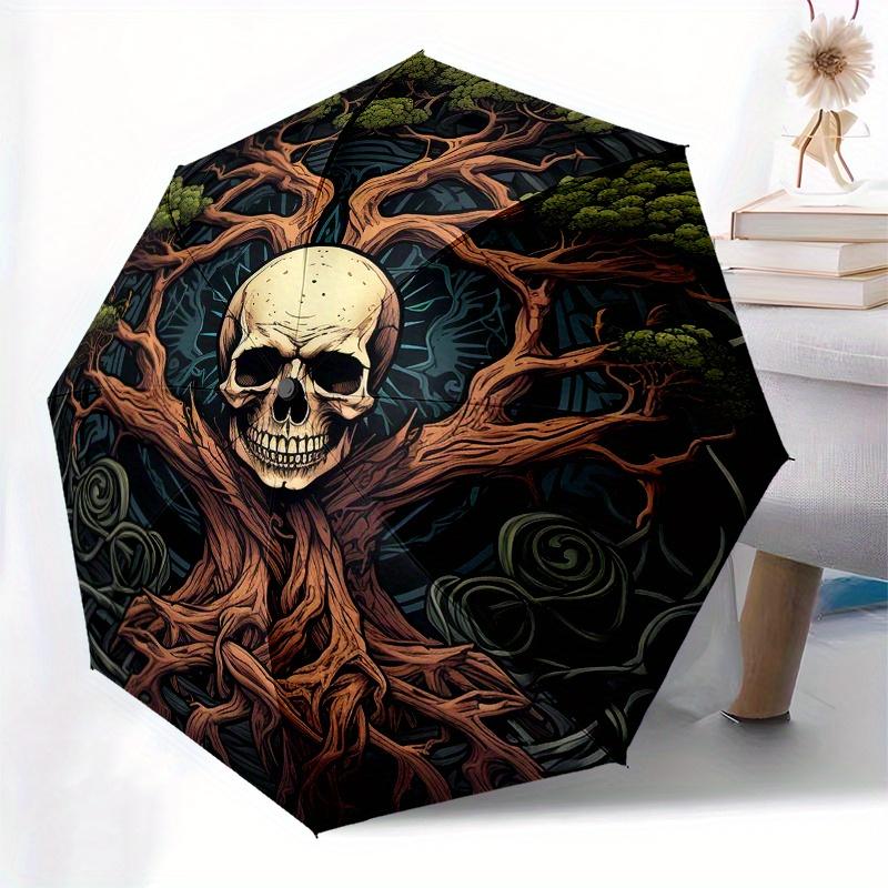 Skull Tree of Life Wall Art DecorUmbrella, Portable 3-Fold Compact Umbrella for Men & Women Gift