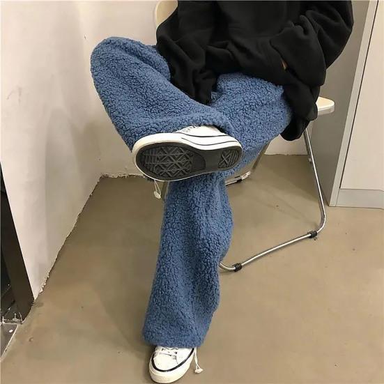 Autumn Winter Women Pants Solid Color Elastic Waist Thickened Imitation Cashmere Loose Straight Ankle Tied Trousers Streetwear