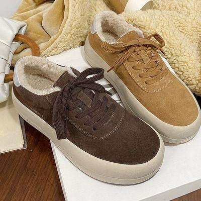 Кожаные женские бархатные зимние новые универсальные нескользящие платформенные повседневные спортивные туфли