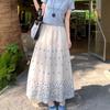 Qooth Women A Line Embroidery Flower Ruffle Skirt Wide Hem Mid Length Elastic Waist Casual Skirt QT2668