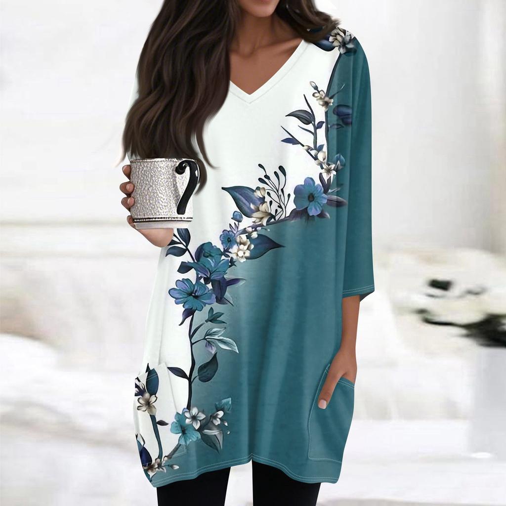 Womens Tops V-neck 3/4 Sleeve Blouses Casual Mid-length Shirts Fashion Print Tunic Tops With Pockets