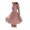Glitter Starry Tulle Prom Dress for Women Long Sleeve Crew Neck Formal Evening Dress Mesh Cocktail Party Short Dress