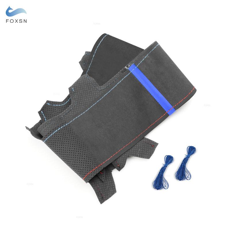 Car Steering Wheel Cover Trim Suede Leather Red Blue Line Blue Bar For BMW E82 E87 E90 2008 2009 2010 2011 X1 E84 2012