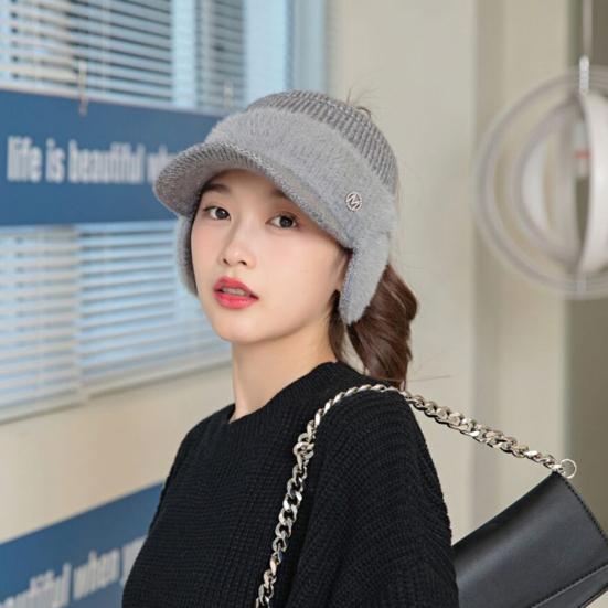 Женская зимняя шапка с пустым верхом, защита ушей, короткие поля, толстая плюшевая вязаная кепка с козырьком, украшение в виде букв со стразами, эластичный повседневный головной убор